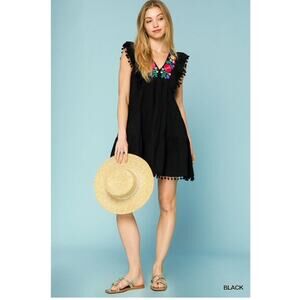 UMGEE - Embroidery Pom Pom Trim Ruffle Hem Dress